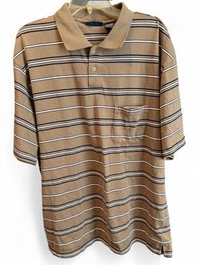 90s/Y2K Puritan Sportswear Striped Cotton Polo in Brown & White-Size XL